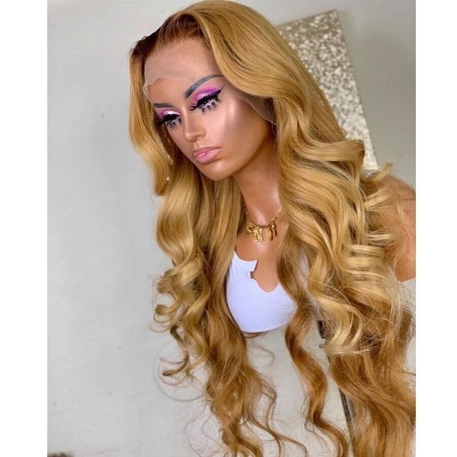 Women Human Hair Wigs Full Lace Front Wavy Long Honey Blonde Wig