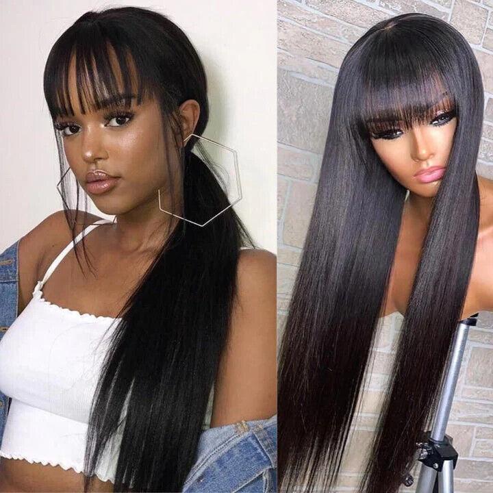 Womens Human Hair Wigs Glueless Lace Front Straight Long Wig With Bangs 210%