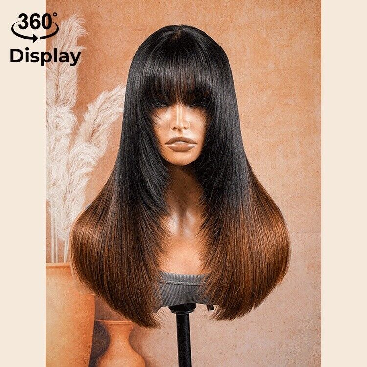 Chic Luxe Hair Ready To Wear Glueless Lace Front Wig With Bangs | Ombré Brown | 100% Human Hair