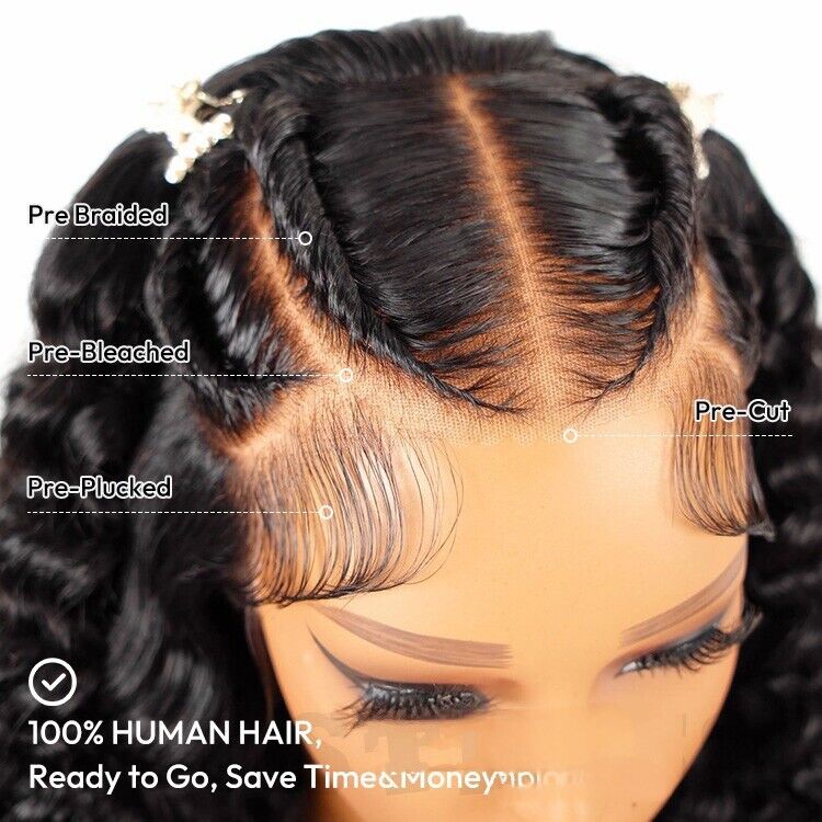 Human Hair Wigs Glueless Pre Styled Braided Lace Front Wear Go Wavy Wig Women