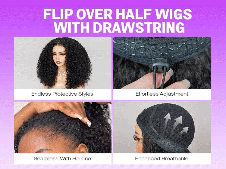 Half Wig Yaki Straight Drawstring Wigs Easy To Wear & Go 3/4 Flip Over No Glue
