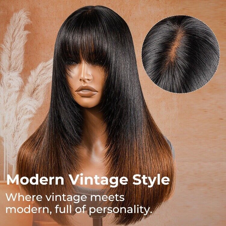 Chic Luxe Hair Ready To Wear Glueless Lace Front Wig With Bangs | Ombré Brown | 100% Human Hair