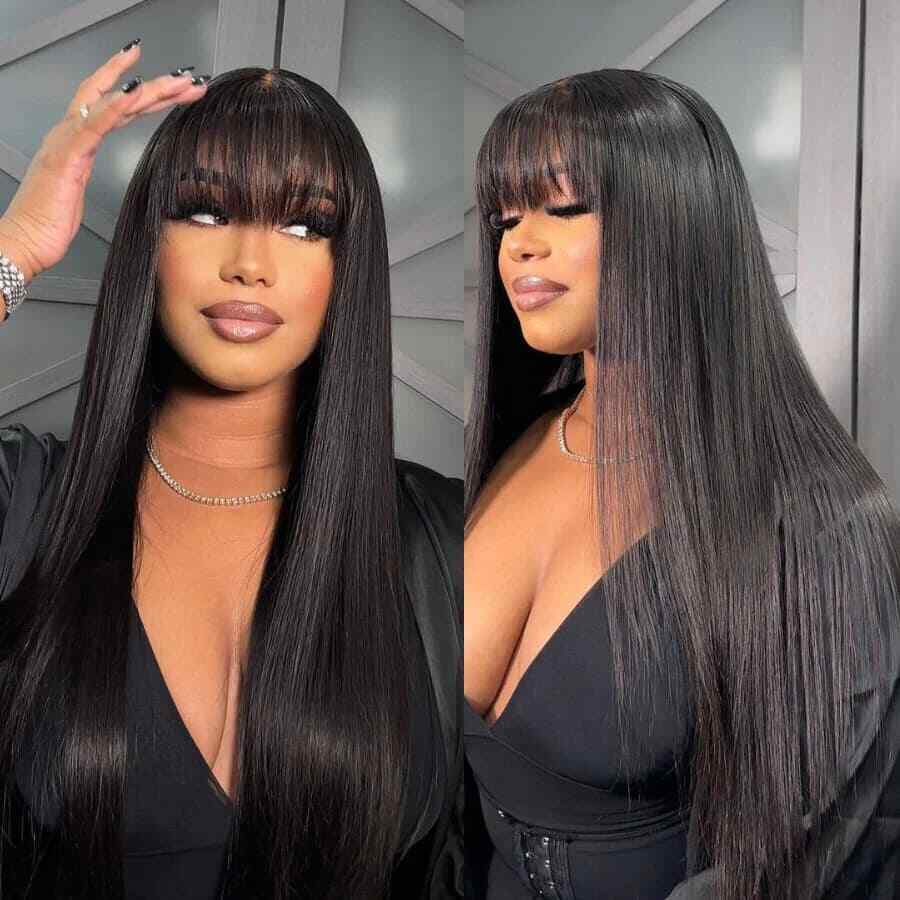 Womens Human Hair Wigs Glueless Lace Front Straight Long Wig With Bangs 210%