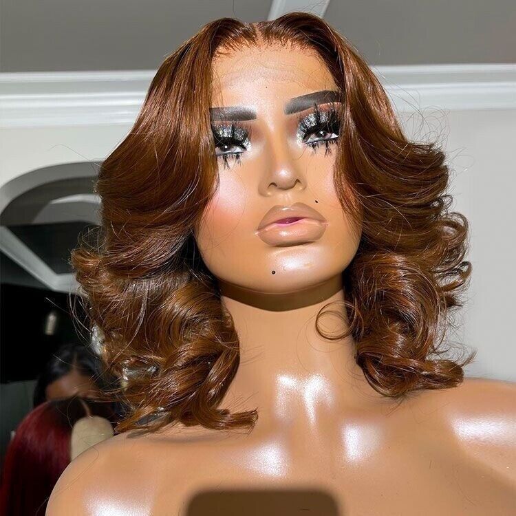 Human Hair Wig Glueless Wavy Lace Front Light Brown Wavy Short Bob