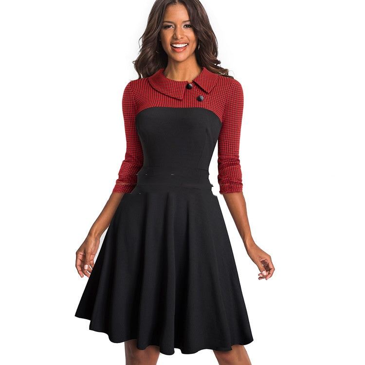 Three-quarter Sleeve Slim-fit Commute Color Contrast Patchwork Lapel A- Line Dress