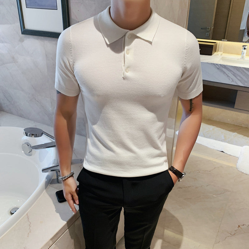 Summer Slim-fit Lapel Knitted Men's Ice Silk Solid Color T-shirt