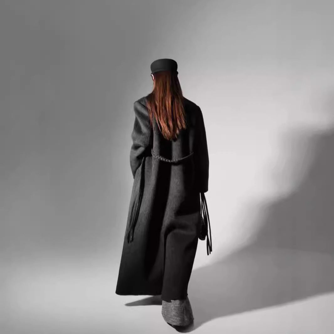 New high-end woven waistband design suit double-sided wool coat woolen coat medium long temperament women's coat