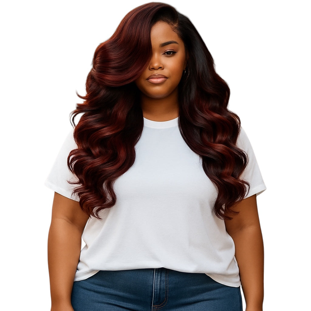Vietnamese Human Hair Glueless Cherry Cola Red Highlight Layered Cut 250% Density Wig