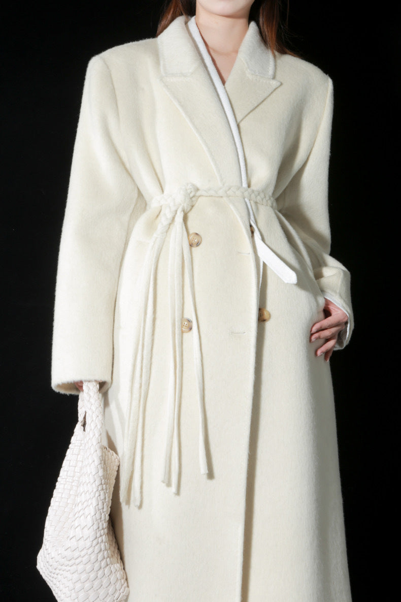New high-end woven waistband design suit double-sided wool coat woolen coat medium long temperament women's coat