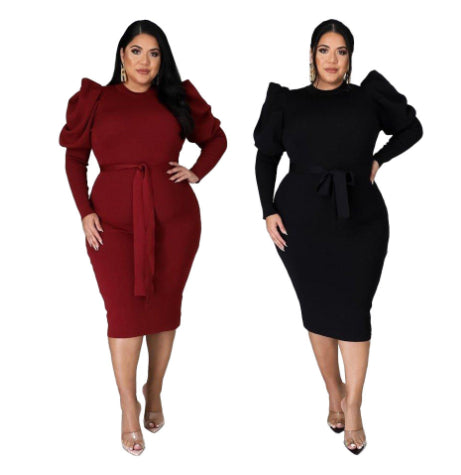 Women's Long Sleeve Belt Slim Fit Plus Size Dress