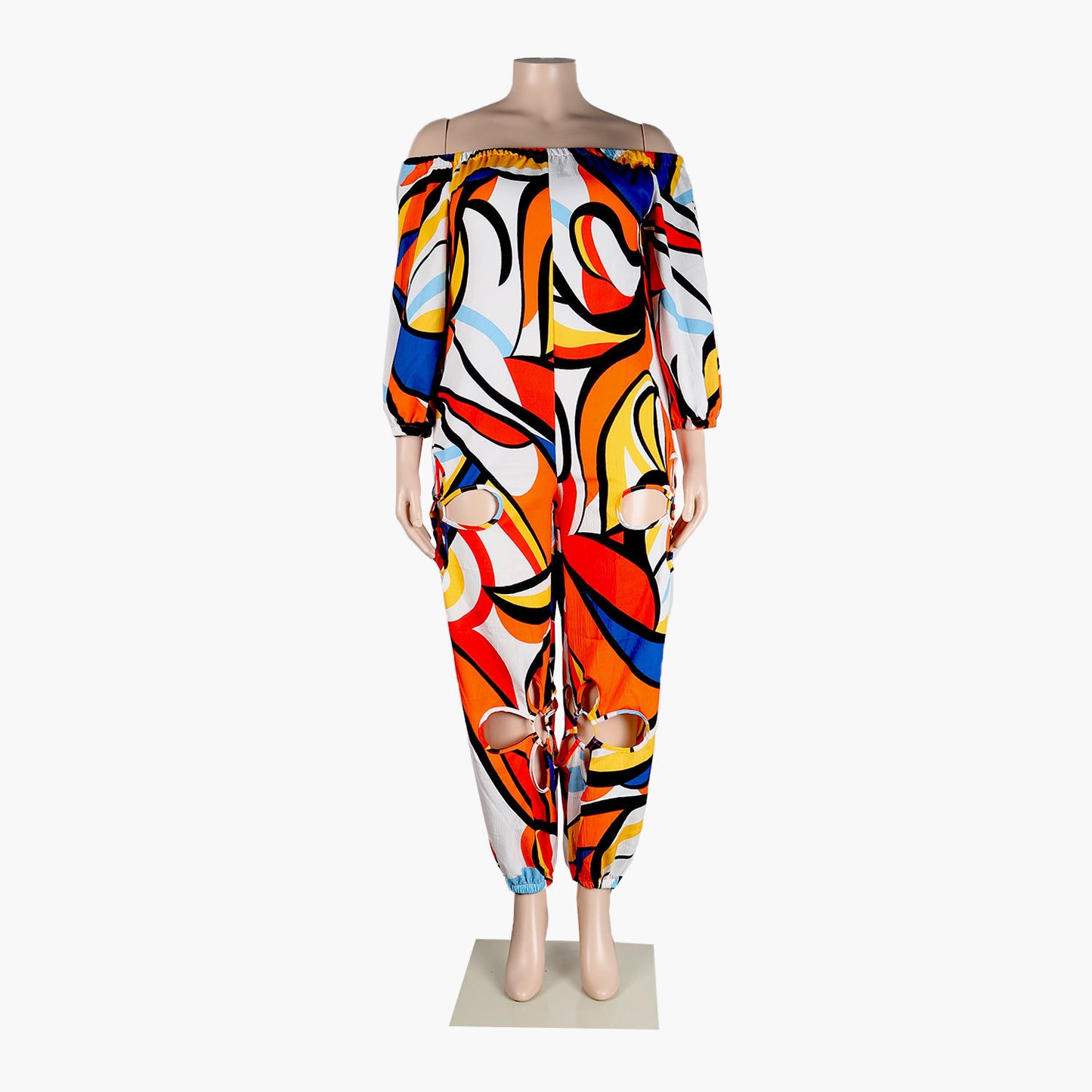 Sexy Slim Backless Crocheted Floral Print Plus Size Jumpsuit