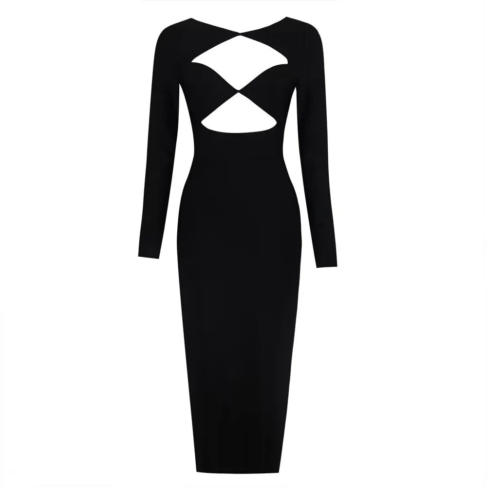 Vestido negro de manga larga con aberturas para mujer