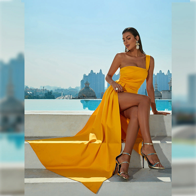 One-shoulder Off-neck Prom Party Slit Evening Dress