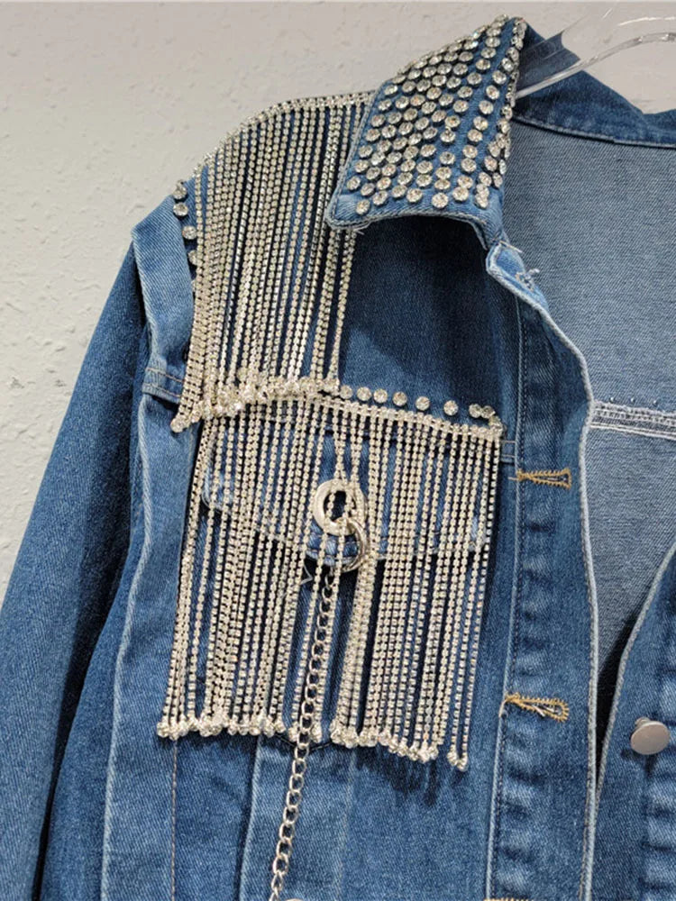 Women's Denim Coats Spliced Diamonds Tassel Metal Chains Rhinestone Long Sleeves Jacket Autumn New Fashion