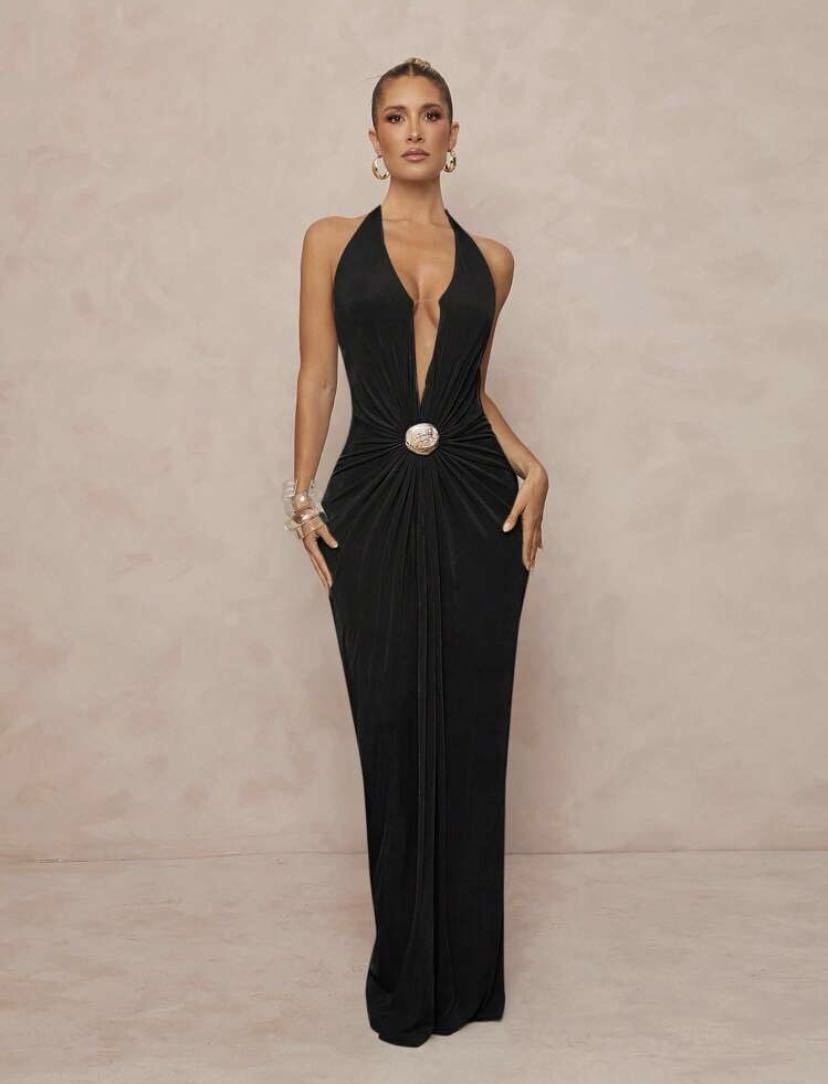 Deep V-neck Halter Dress With Open Back For Beach Vacations