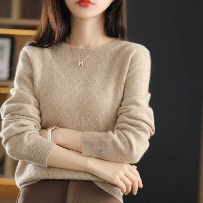 Pure Wool Sweater Women's Round Neck Pullover Loose