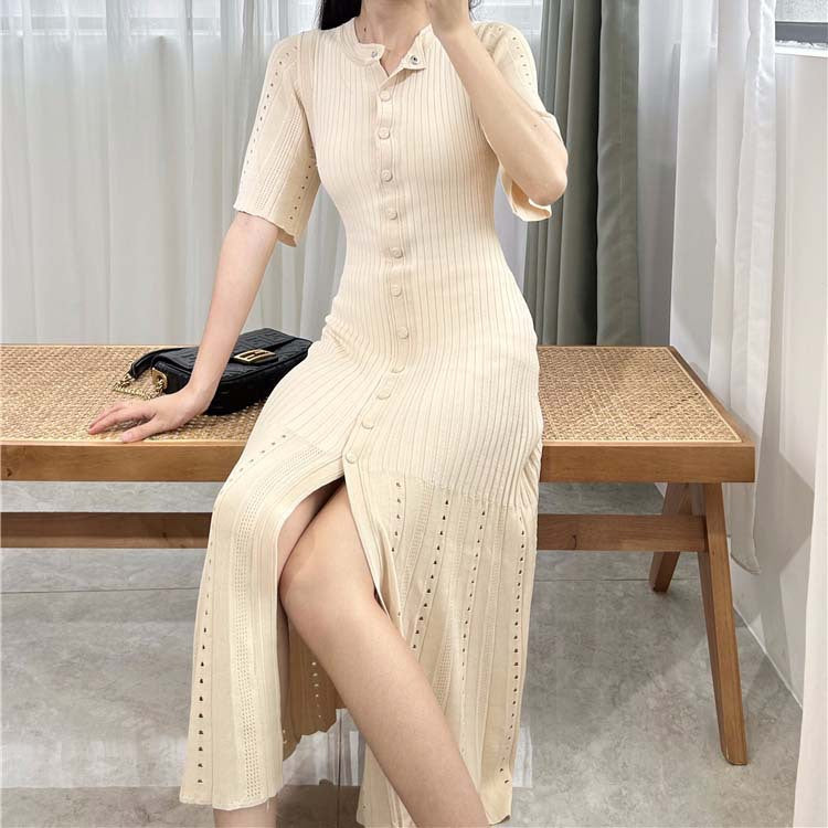 Vestido de punto de cola de pez fino, calado y ajustado en la cintura