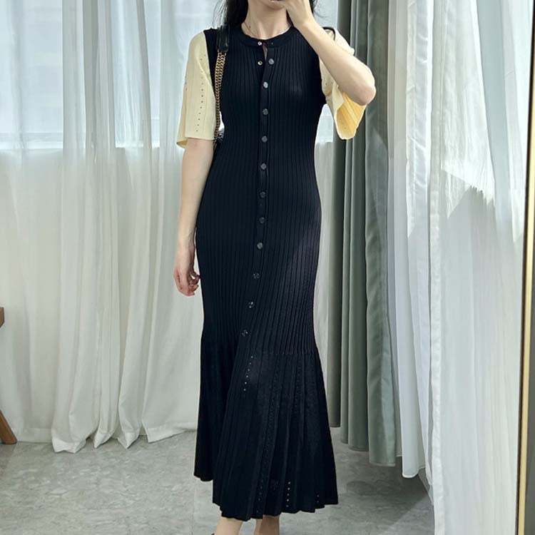 Vestido de punto de cola de pez fino, calado y ajustado en la cintura