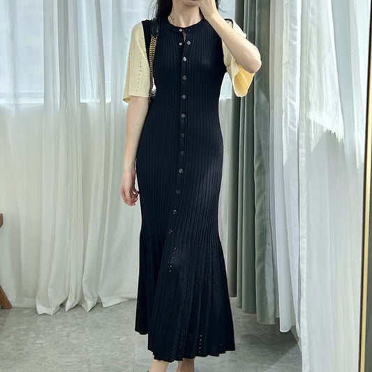 Vestido de punto de cola de pez fino, calado y ajustado en la cintura