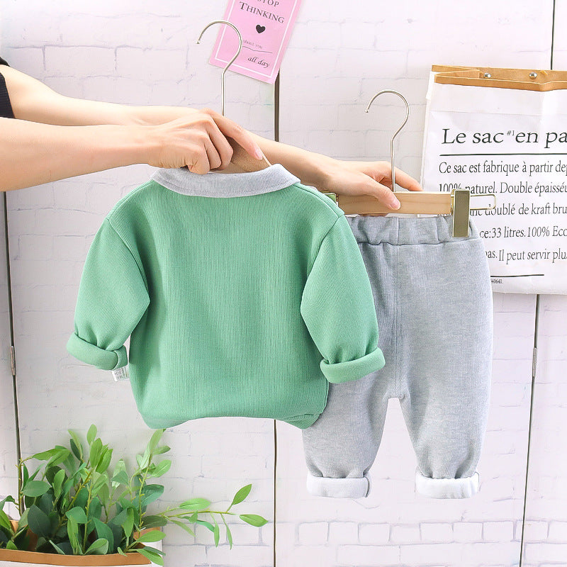 Children's Casual Fashion Polo Collar Bear Long-sleeved Sweater Two-piece Set