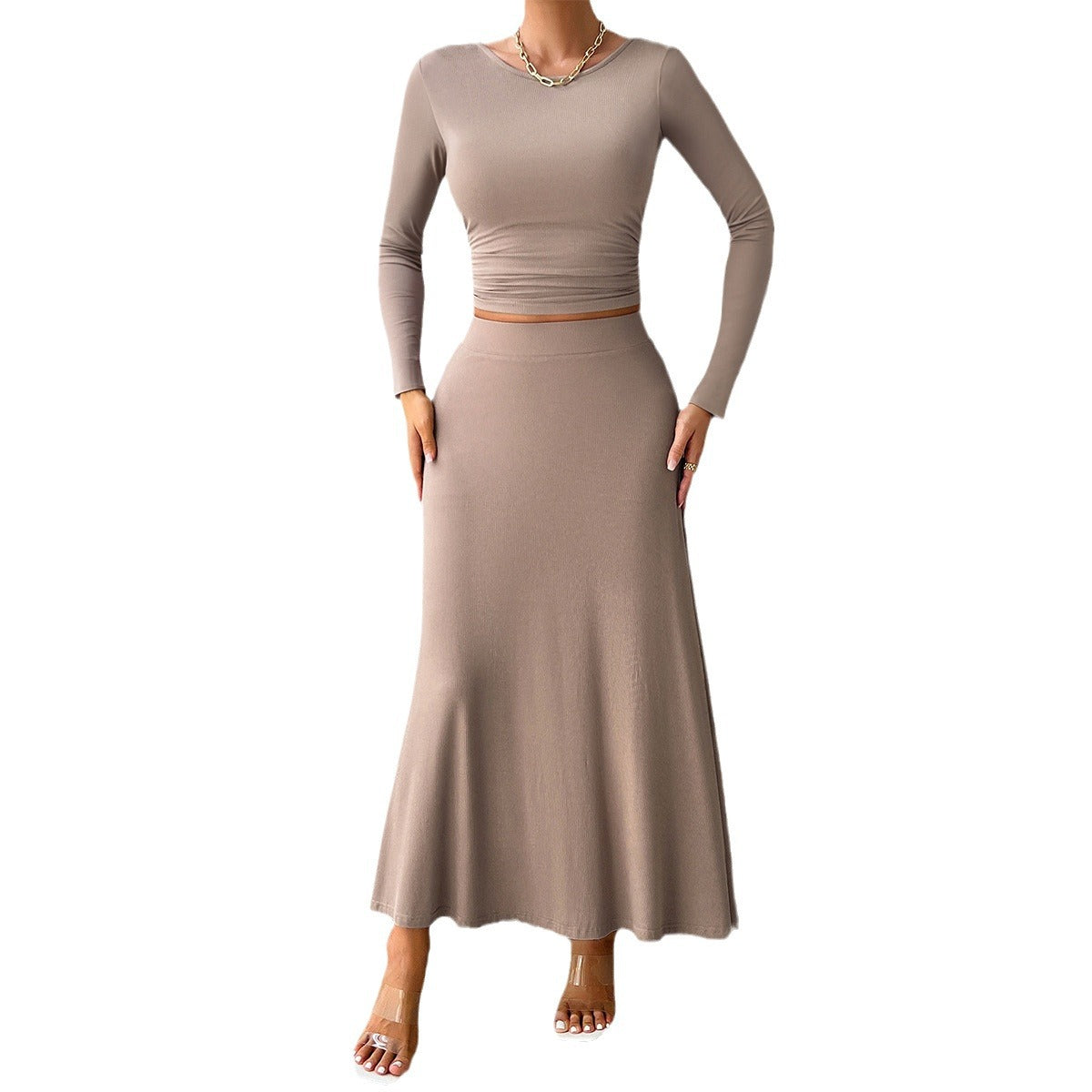 Women's Slim Fit Midriff-baring Long Sleeve Skirt Suit