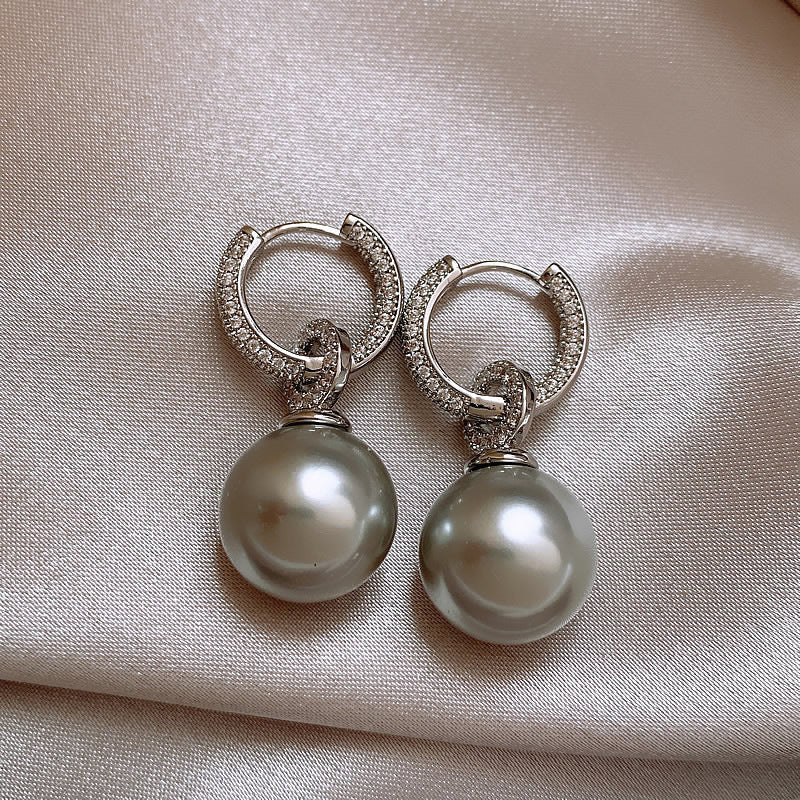 Inlaid Zircon Gray Pearl Earrings Detachable Round Shell Pearls