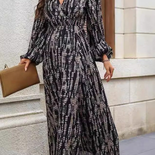V-neck Long Sleeve Tie-dye Dress