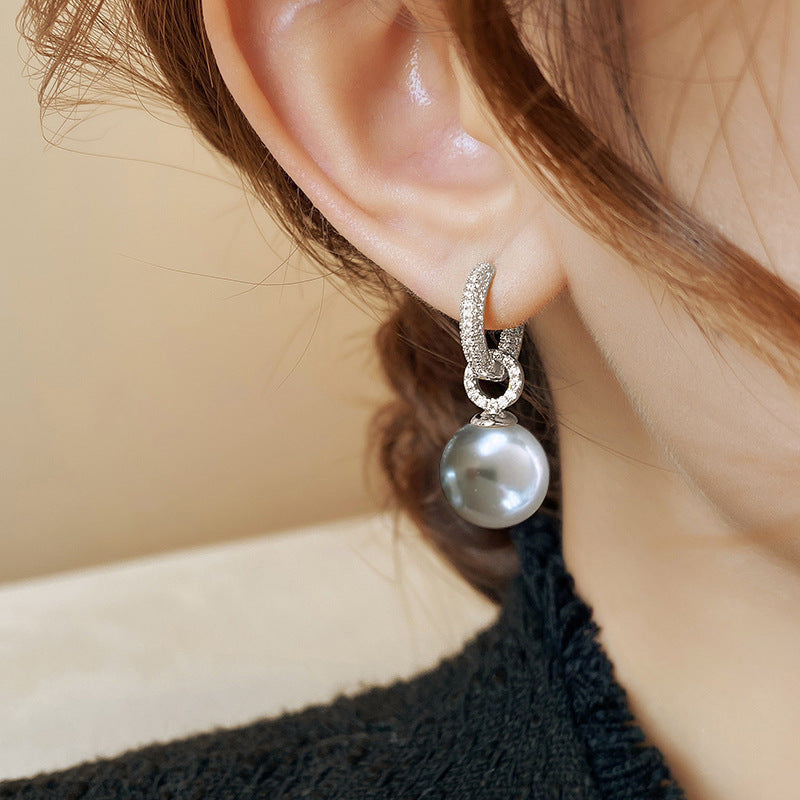 Inlaid Zircon Gray Pearl Earrings Detachable Round Shell Pearls