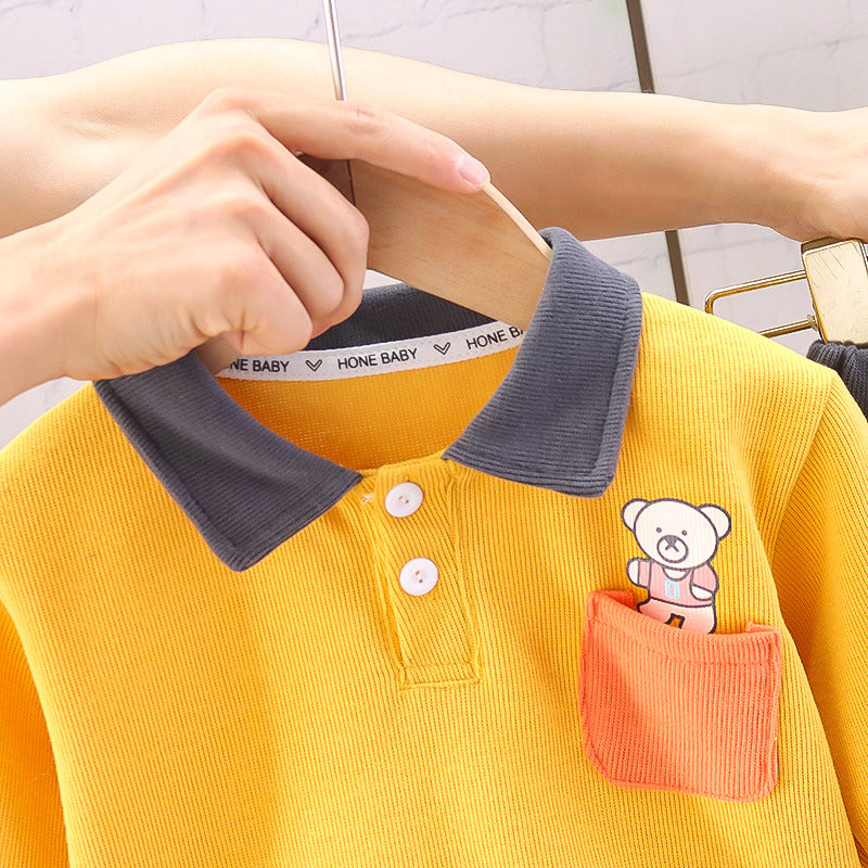 Children's Casual Fashion Polo Collar Bear Long-sleeved Sweater Two-piece Set