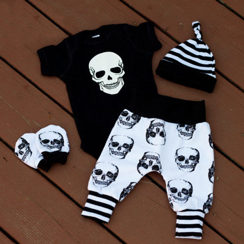 Boy's Halloween Short-sleeved Skull Jumpsuit Romper Printed Trousers Striped Hat 4-piece Suit