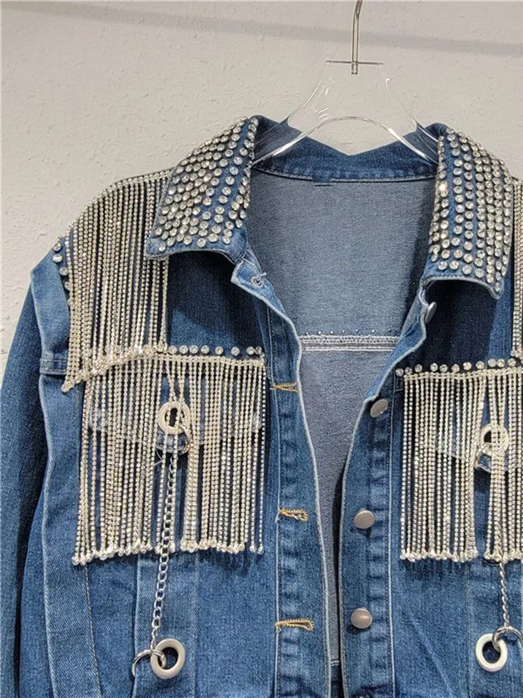 Women's Denim Coats Spliced Diamonds Tassel Metal Chains Rhinestone Long Sleeves Jacket Autumn New Fashion