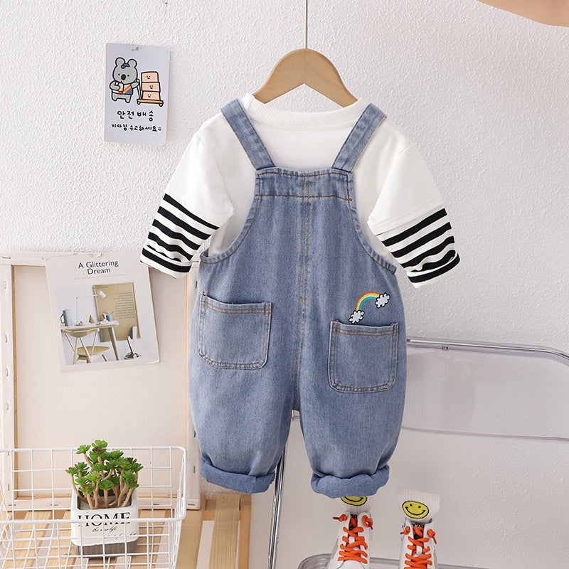 Girls' Cute Denim Suspender Trousers Cartoon Jumpsuit Two-piece Set