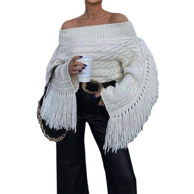 Tassel Knitted Sweater Off-shoulder Long Sleeve Pullover