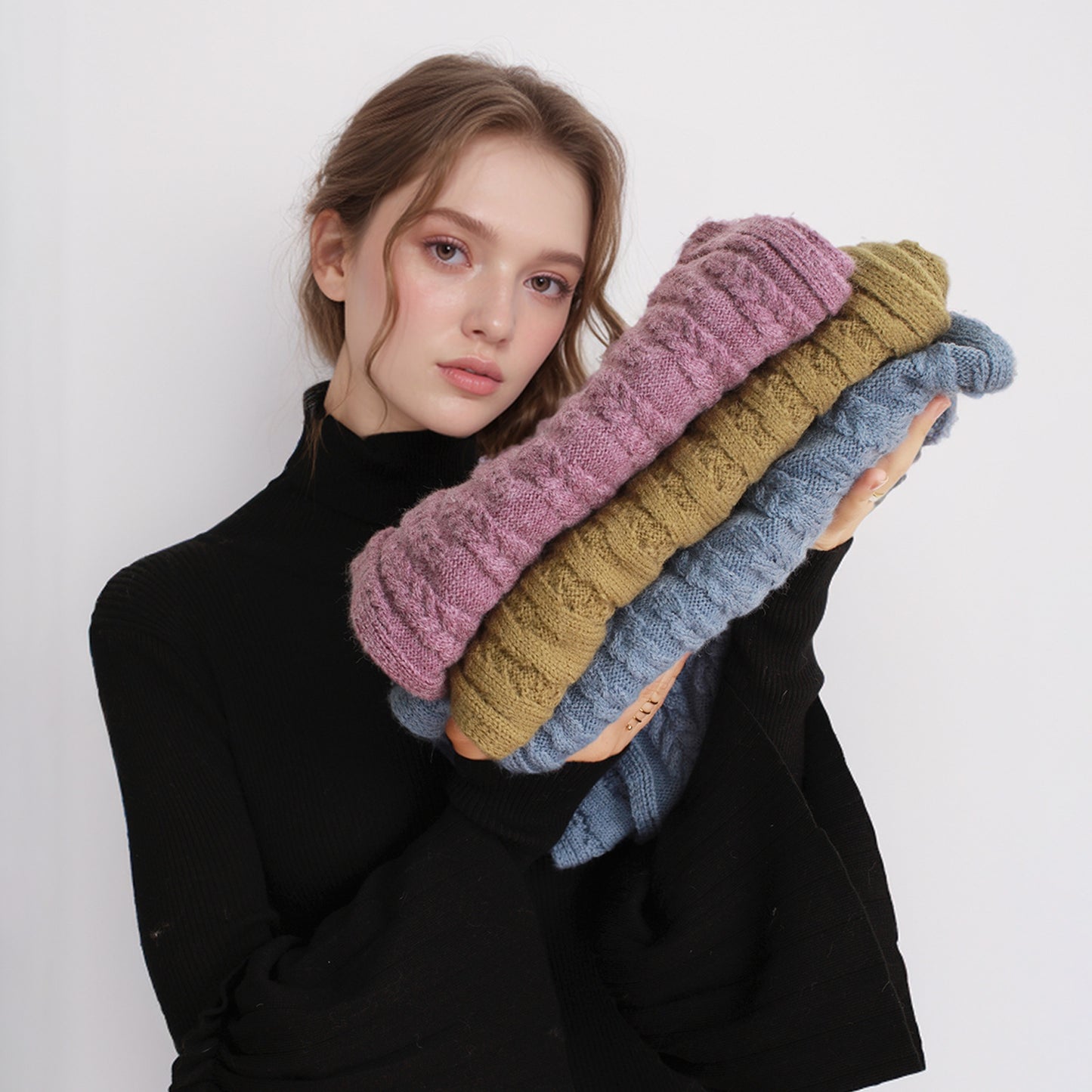 European And American Autumn And Winter Thickening Warm Wool Scarf Artificial Cashmere Solid Color Texture Knitted Scarf