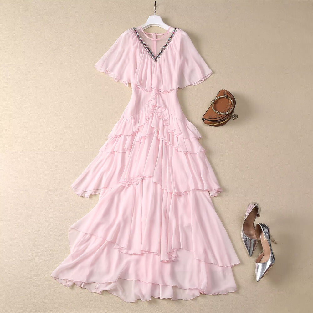 French women's V-neck heavy industry custom-made bead waist ruffle layered formal dress cake long skirt