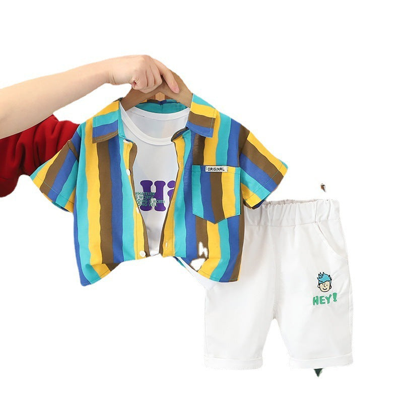 Boys' Color Stripes Lapel Shirt Short Sleeve Three-piece Suit