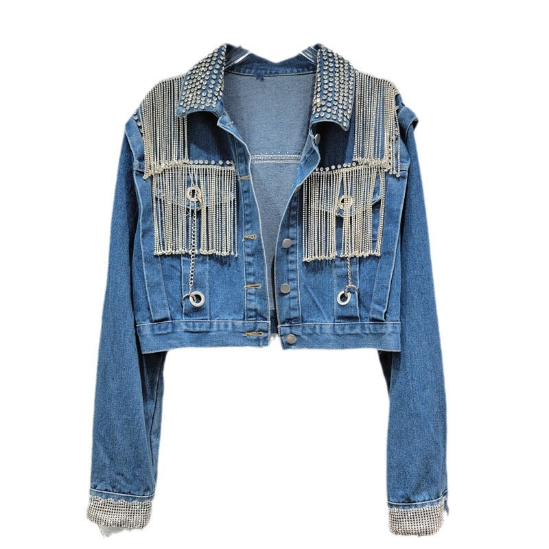Women's Denim Coats Spliced Diamonds Tassel Metal Chains Rhinestone Long Sleeves Jacket Autumn New Fashion