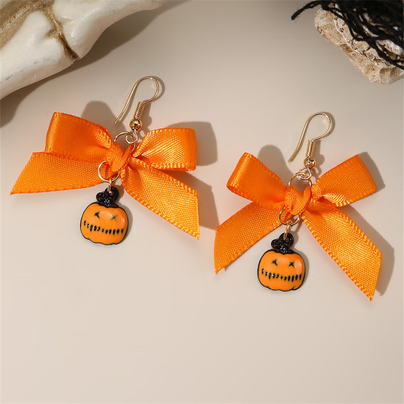 Bowknot Ribbon Pumpkin Head Earrings Halloween Female Accessories