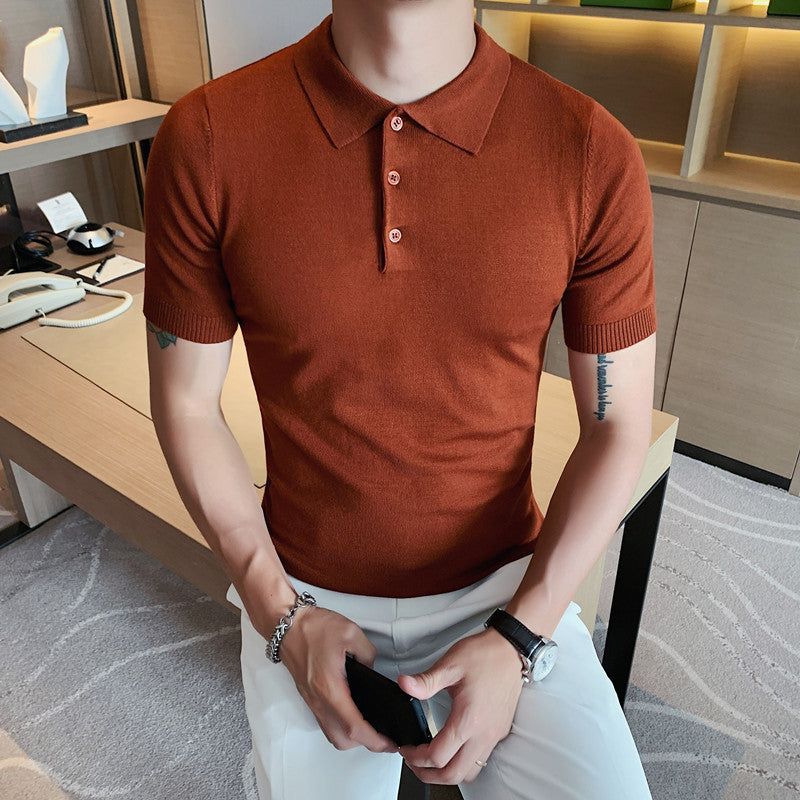 Summer Slim-fit Lapel Knitted Men's Ice Silk Solid Color T-shirt