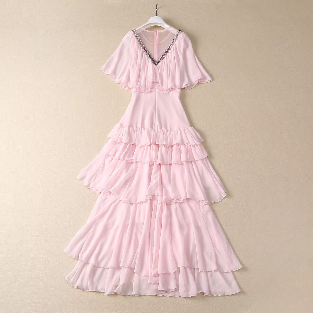 French women's V-neck heavy industry custom-made bead waist ruffle layered formal dress cake long skirt