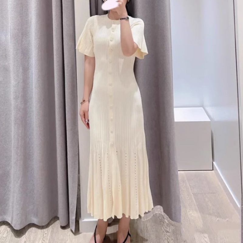 Vestido de punto de cola de pez fino, calado y ajustado en la cintura