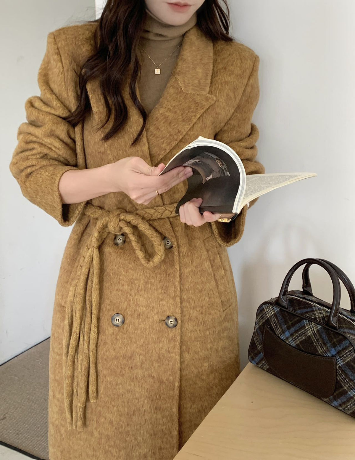 New high-end woven waistband design suit double-sided wool coat woolen coat medium long temperament women's coat