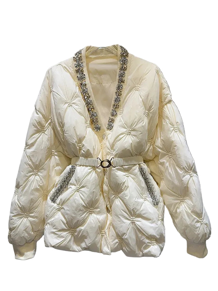 Trendy Women's Diamonds Rivet Warm Coat Winter Fashion V-neck Belt Long Sleeves Cotton-padded Jacket Female