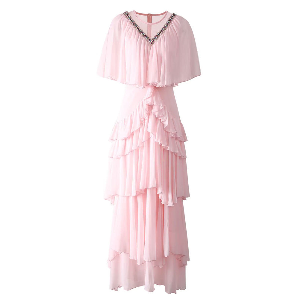 French women's V-neck heavy industry custom-made bead waist ruffle layered formal dress cake long skirt