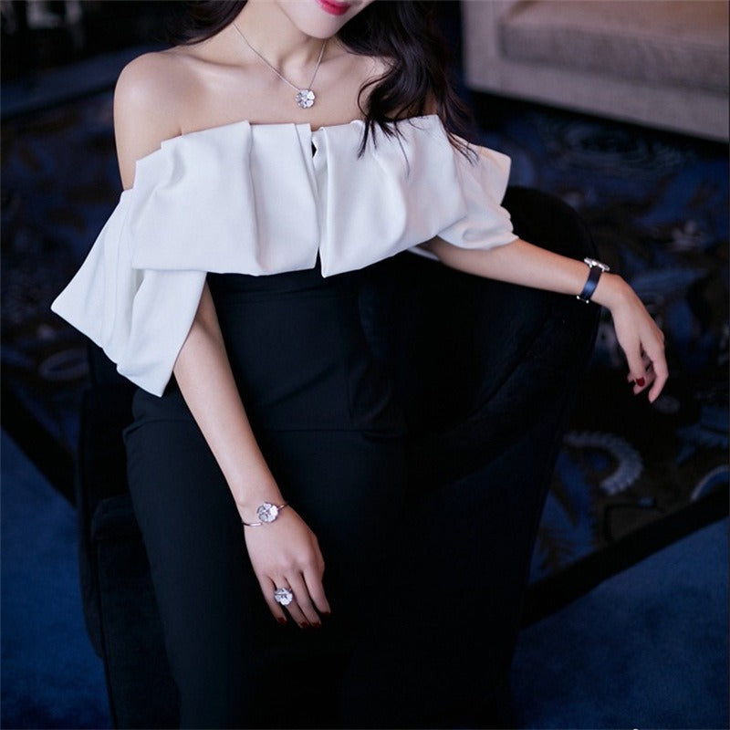 Hit Color Dresses For Women Slash Neck Short Sleeve High Waist Patchwork Ruffles Slimming Dress