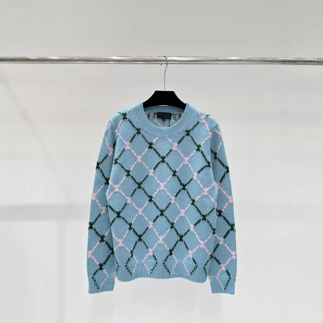 Geometric diamond grid jacquard round neck long sleeved knitted sweater sweet and fashionable sweater for women