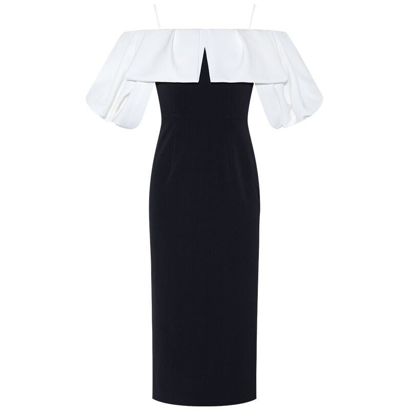 Hit Color Dresses For Women Slash Neck Short Sleeve High Waist Patchwork Ruffles Slimming Dress