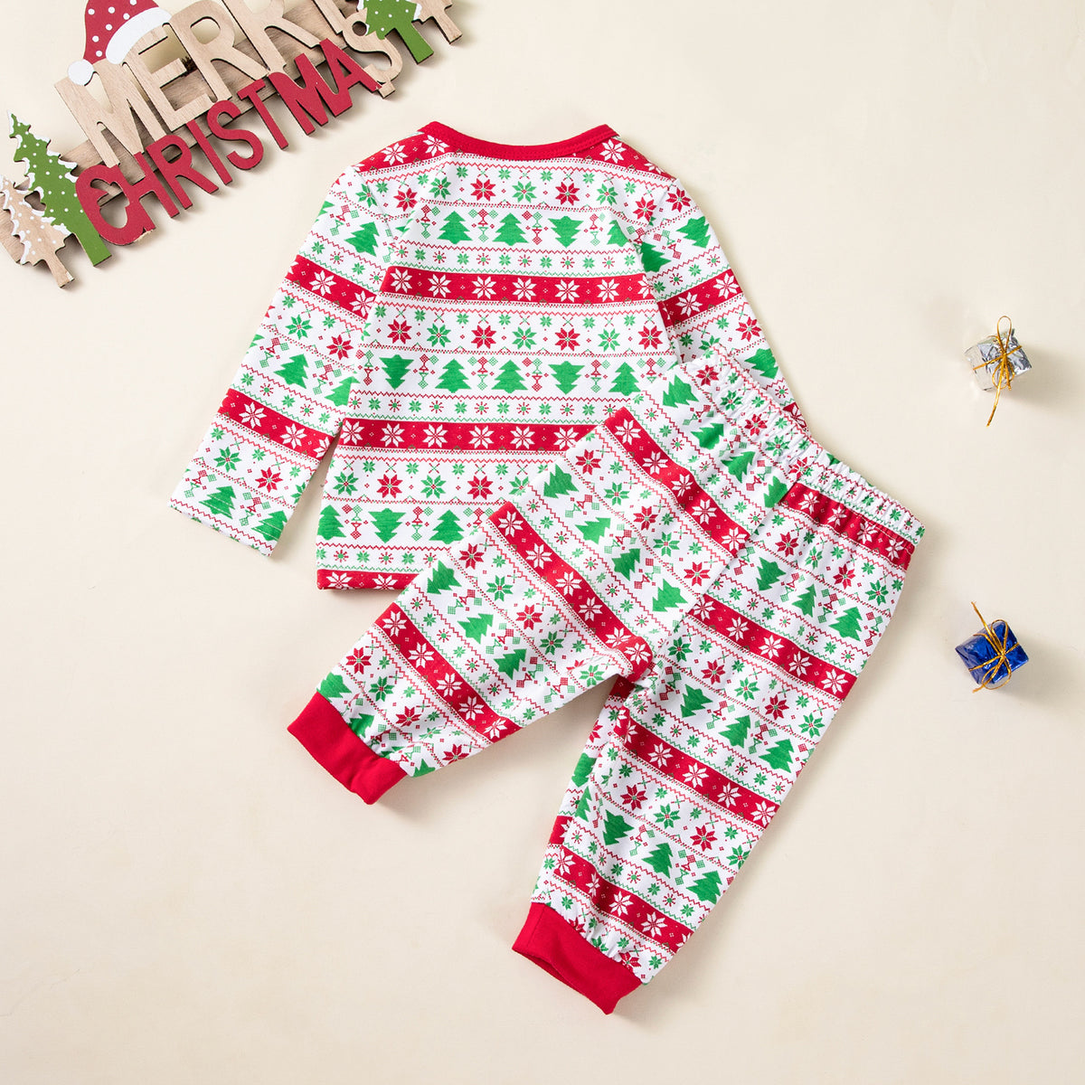 Christmas Tree Print Long Sleeve T-Shirt and Pants 2-Piece Set for Girls Holiday Party Outfit
