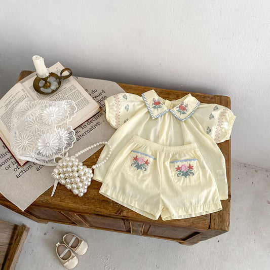 Baby Girl Flower Embroidered Lapel Short-sleeved Shirt Thin Shorts Suit