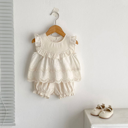 Girls' Fashionable Stylish Embroidery Stitching Sleeveless Two-piece Suit